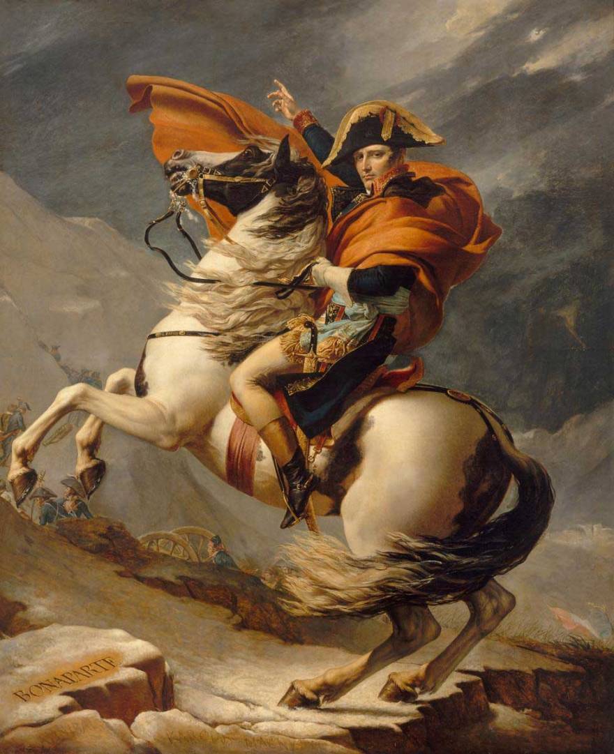 A painting by Jacques Louis David of Napoleon Bonaparte on horse back